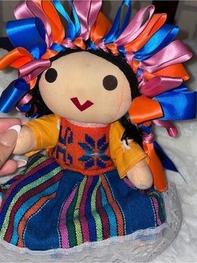 Colorful Ribbon-Hair Cloth Doll in Blue, Orange & Pink